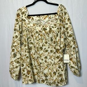 A.n.a. Brown and Tan Floral Top Size 2X Elastic Cuffs 100% cotton New With Tags